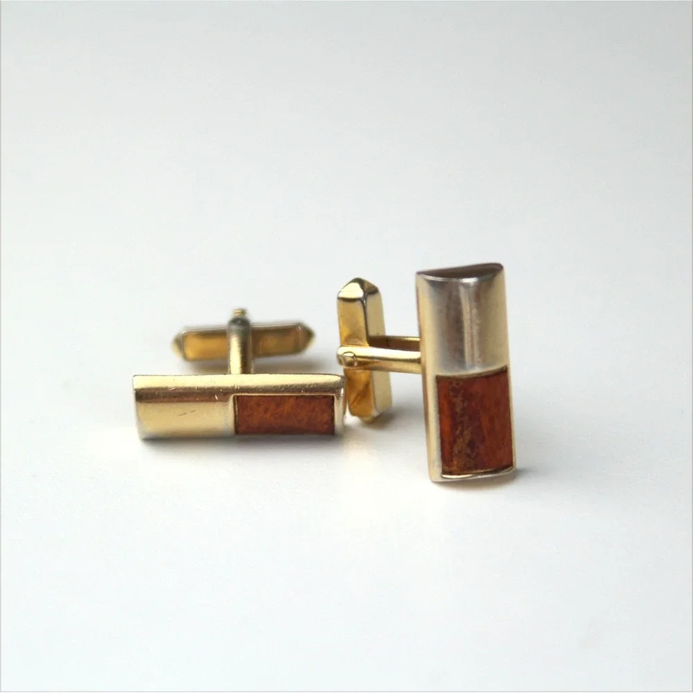Swank Mens CuffLinks Men's Gold‎ Tone Brown Leather 7/8